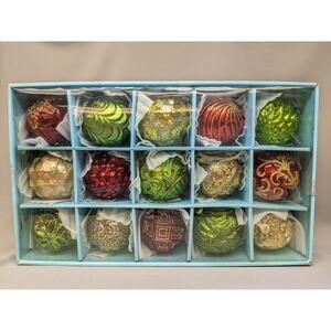 Martha Stewart Christmas Ornaments Gold, Green and Red Set of 15 Glass Ornaments